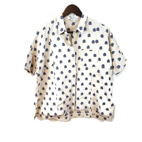 Madewell Tops - Madewell Womens Cream Blue Floral Short Sleeve Button Up Shirt Size S Classic
